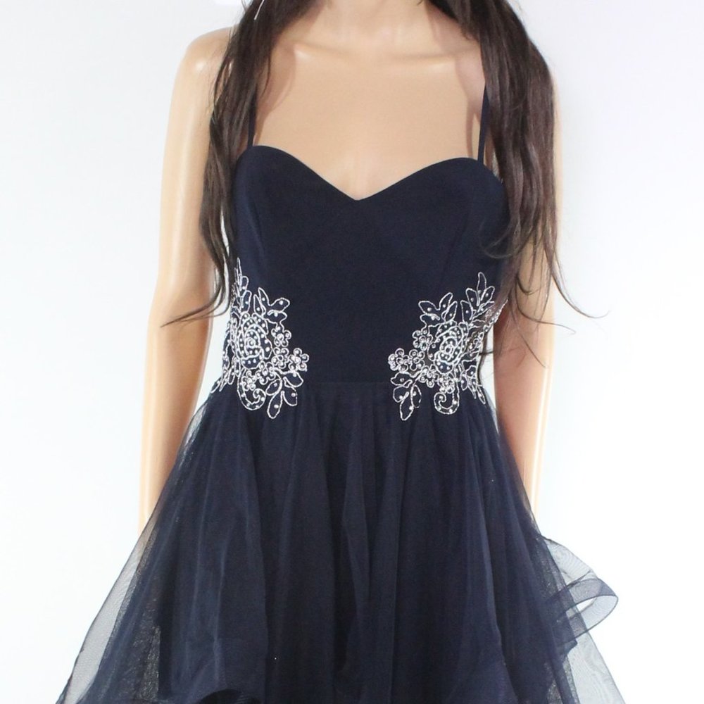 Blondie Nites Full-Length Navy Blue Tulle Gown Dress - Size 3